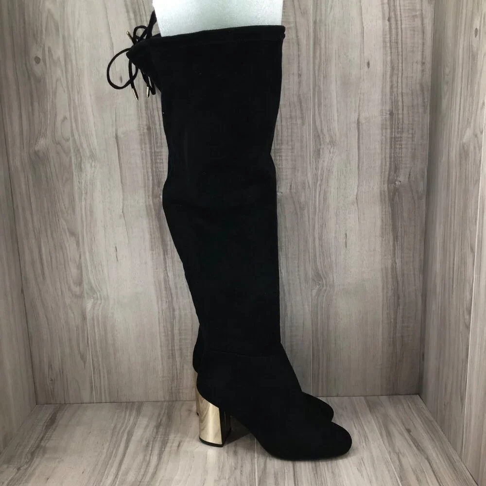 New Look OTK Boots Womens EU 39 Black Faux Suede Pull On Over The Knee